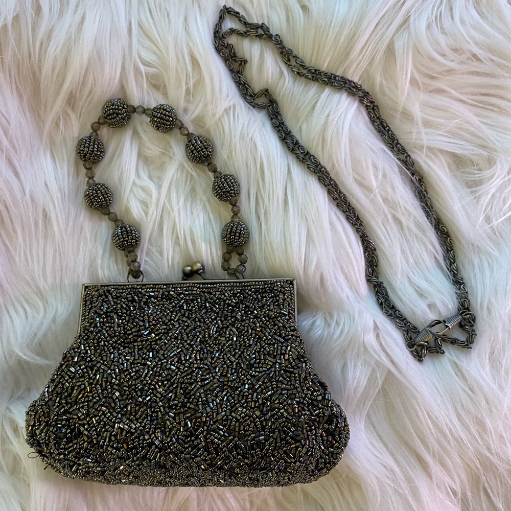 IN’S Antique Brassy Gold Beaded Clutch